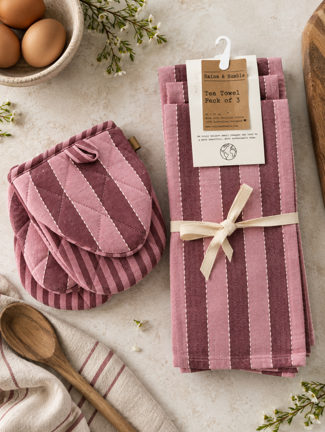 Raine & Humble 3pk Tea Towel - Pink Stripe