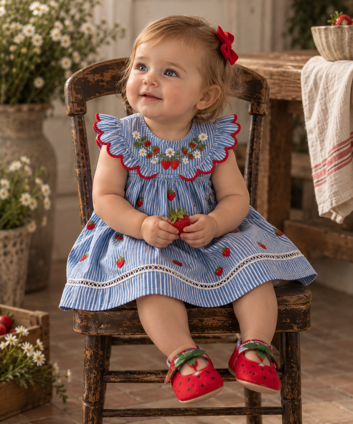Strawberry Embroidered Baby Dress, Shoes & Hanger Set