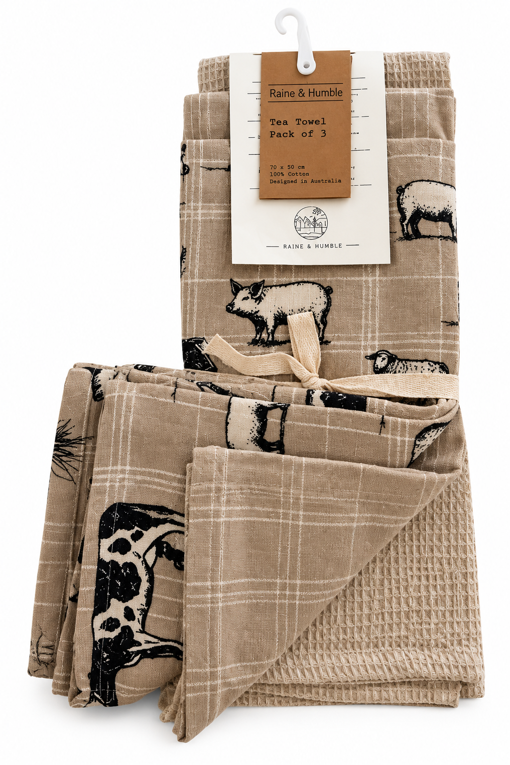 Raine & Humble 3pk Tea Towels - Natural Farmyard Animals