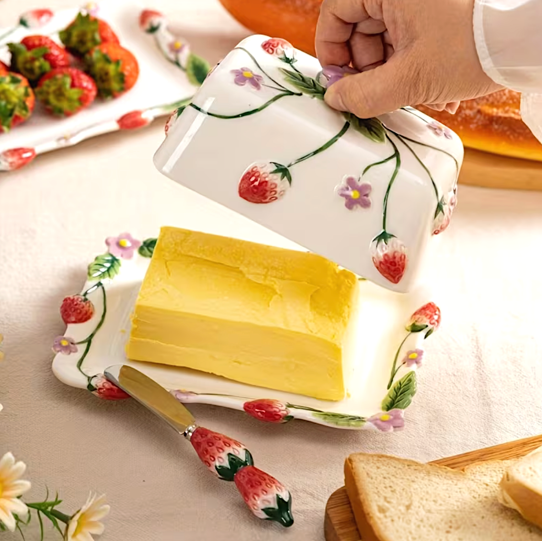 Strawberry Hand Painted Butter Dish