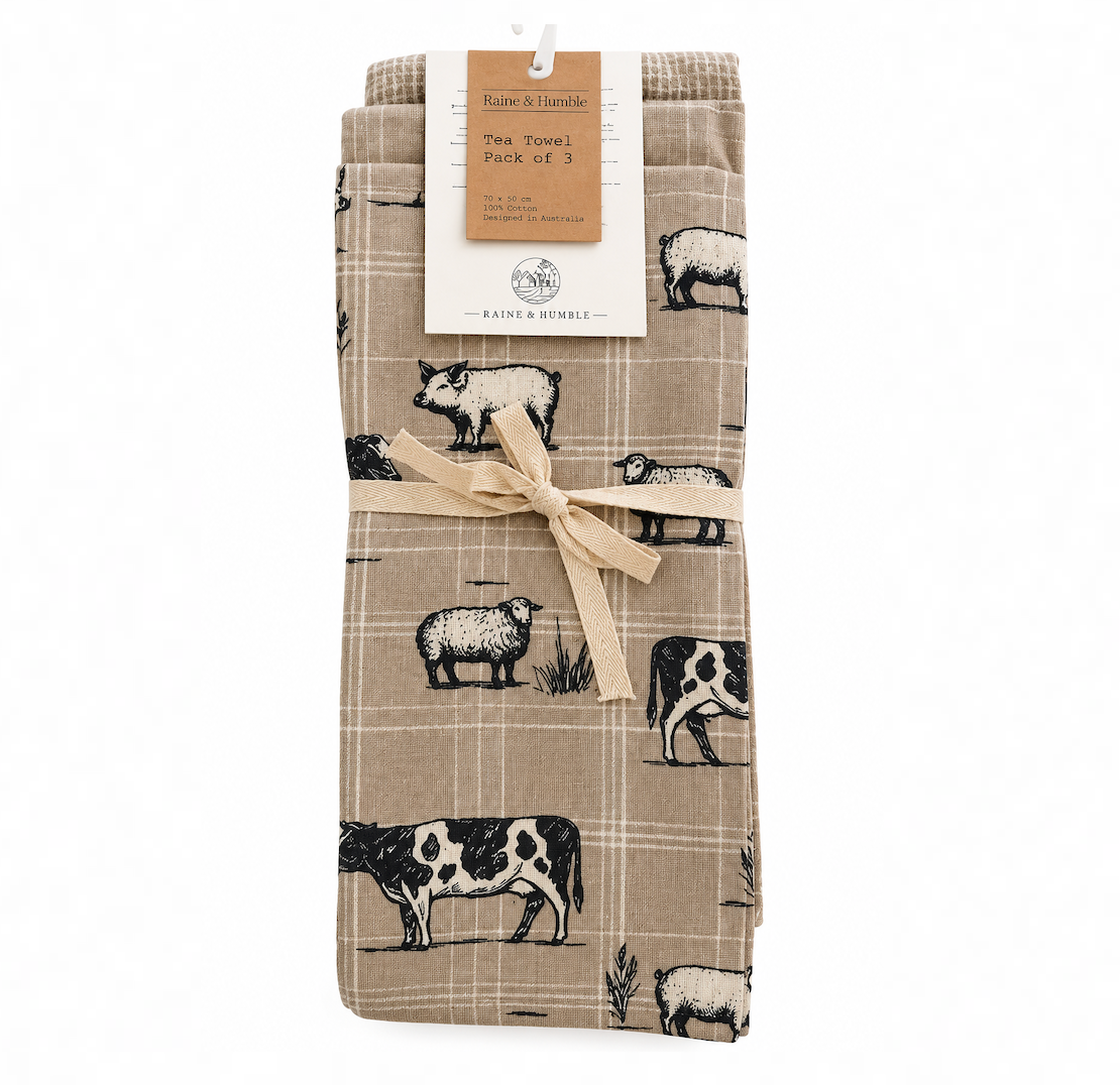 Raine & Humble 3pk Tea Towels - Natural Farmyard Animals