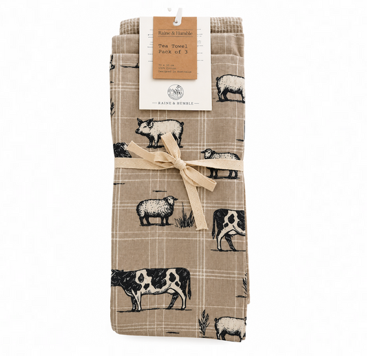 Raine & Humble 3pk Tea Towels - Natural Farmyard Animals