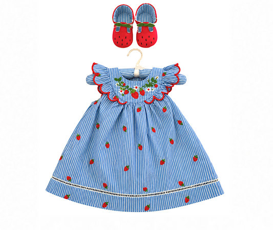 Strawberry Embroidered Baby Dress, Shoes & Hanger Set