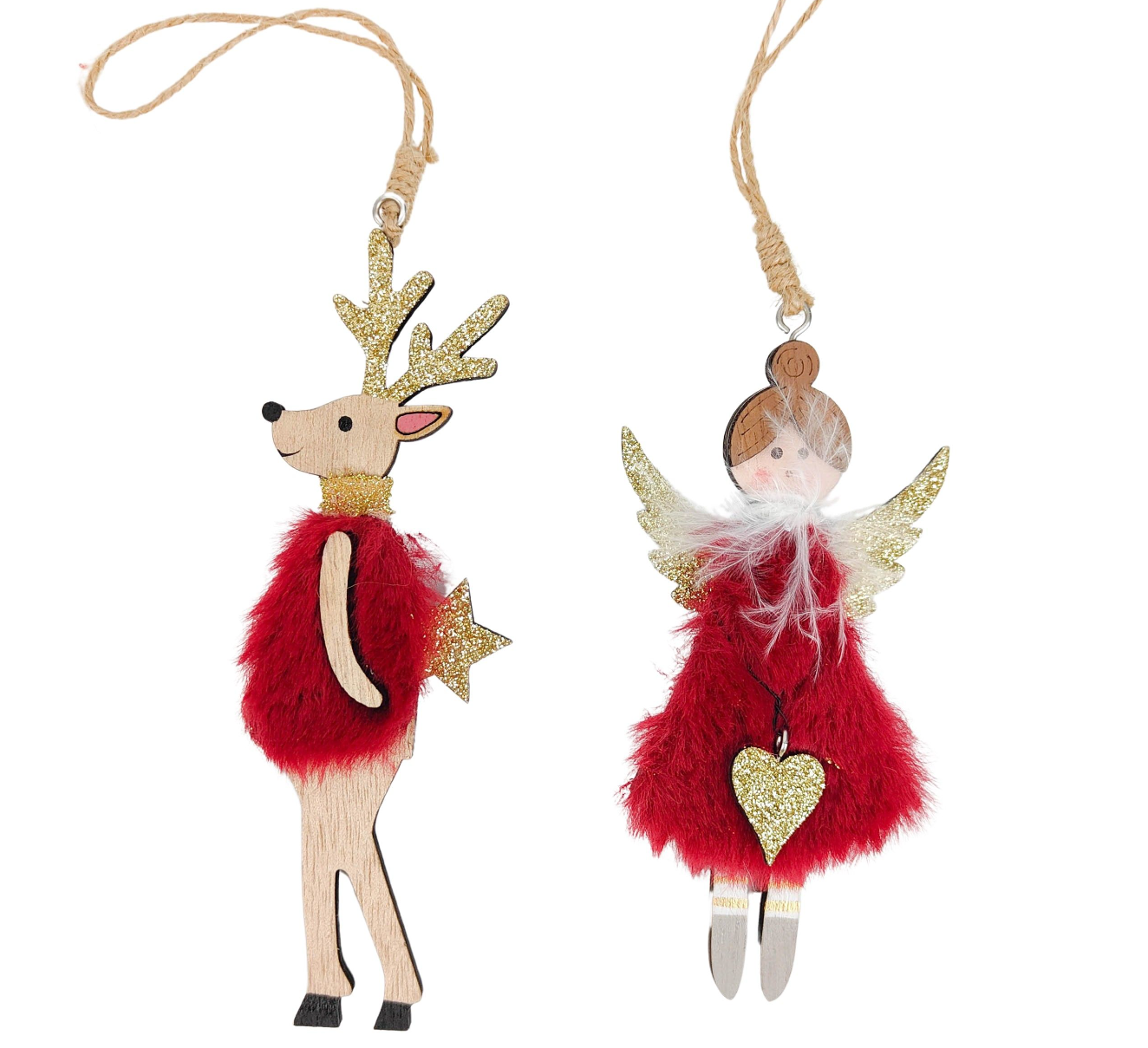 Red Fluffy Reindeer & Angel Ornament
